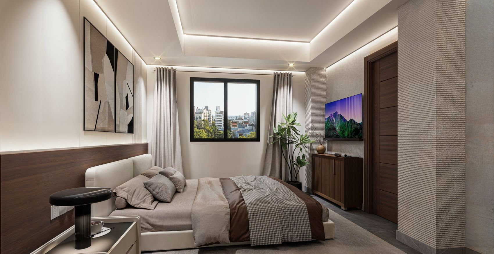 Habitación principal con cama matrimonial, cabecero tapizado y ventana con cortinas